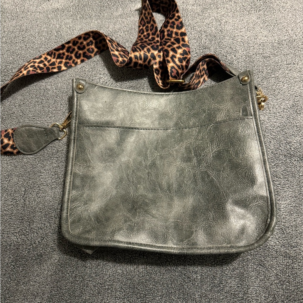 Gray Leather Women's Bag with Leopard Strap
